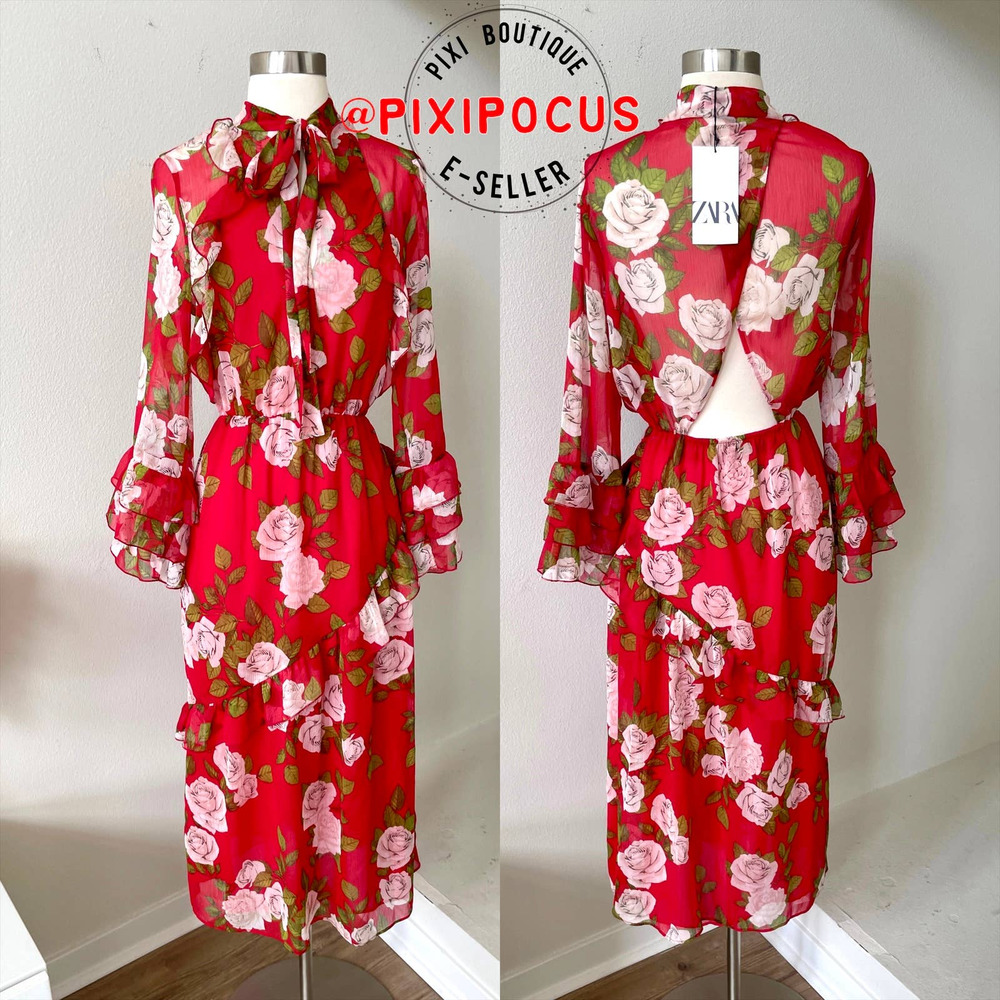 ZARA FLOWY RUFFLE TRIM LONG DRESS WITH TIE ROSE PRINT RED - Picture 16 of 16